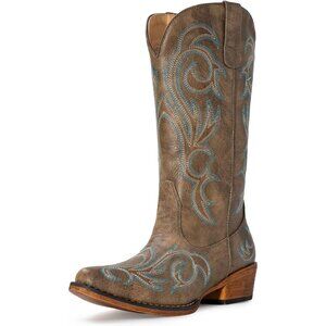 Women Brown Faux Leather Pointy Toe Western Boots Rubber Slip-on